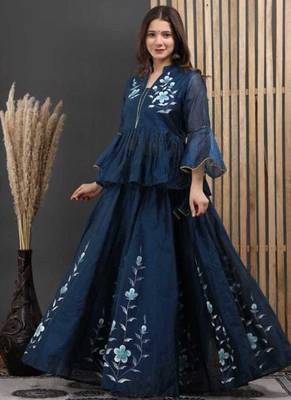 Blue floral printed chanderi cotton anarkali style lehenga set with printed dupatta for women 2