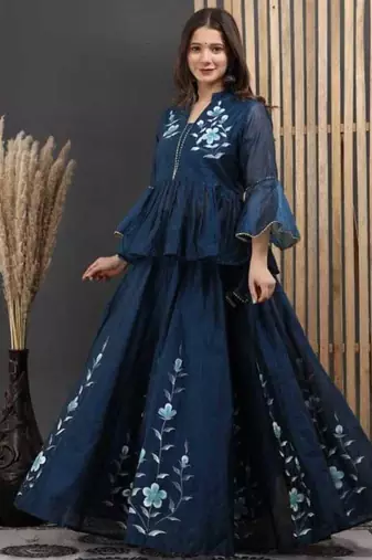 Blue floral printed chanderi cotton anarkali style lehenga set with printed dupatta for women