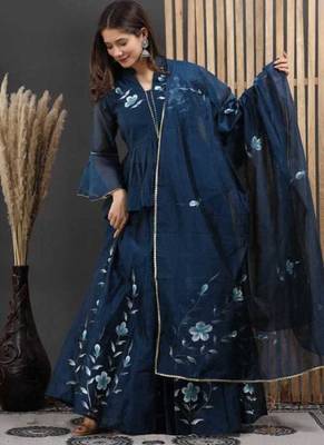 Blue floral printed chanderi cotton anarkali style lehenga set with printed dupatta for women 4
