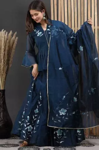 Blue floral printed chanderi cotton anarkali style lehenga set with printed dupatta for women