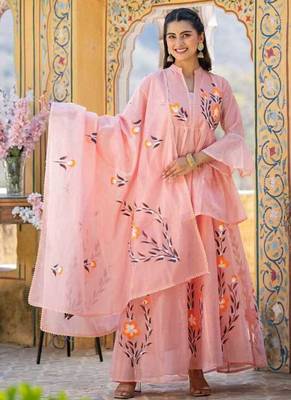 Peach floral printed chanderi cotton anarkali style lehenga set with printed dupatta for women 1