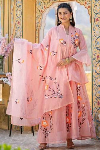 Peach floral printed chanderi cotton anarkali style lehenga set with printed dupatta for women