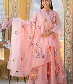 Peach floral printed chanderi cotton anarkali style lehenga set with printed dupatta for women