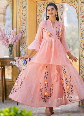 Peach floral printed chanderi cotton anarkali style lehenga set with printed dupatta for women 2