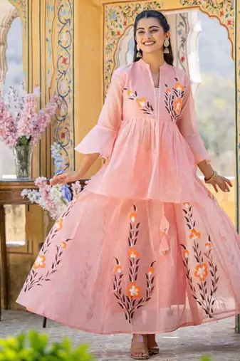Peach floral printed chanderi cotton anarkali style lehenga set with printed dupatta for women