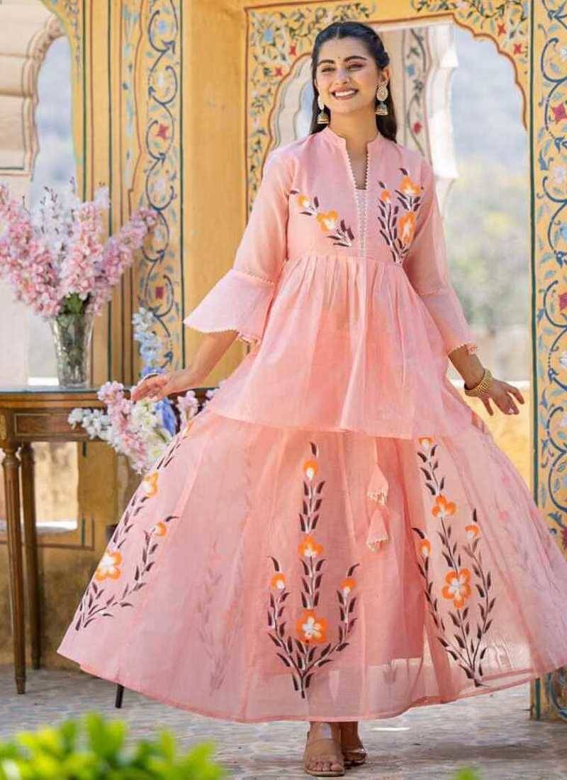 Peach floral printed chanderi cotton anarkali style lehenga set with printed dupatta for women