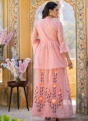 Peach floral printed chanderi cotton anarkali style lehenga set with printed dupatta for women 3