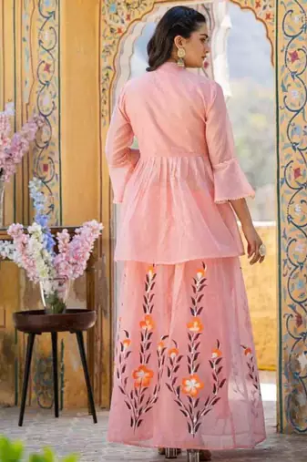 Peach floral printed chanderi cotton anarkali style lehenga set with printed dupatta for women