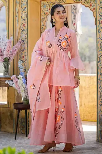Peach floral printed chanderi cotton anarkali style lehenga set with printed dupatta for women