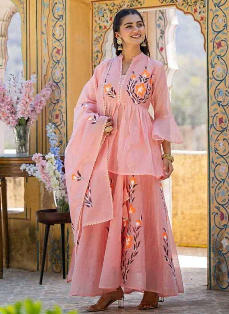 Peach floral printed chanderi cotton anarkali style lehenga set with printed dupatta for women