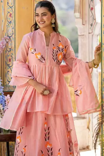 Peach floral printed chanderi cotton anarkali style lehenga set with printed dupatta for women