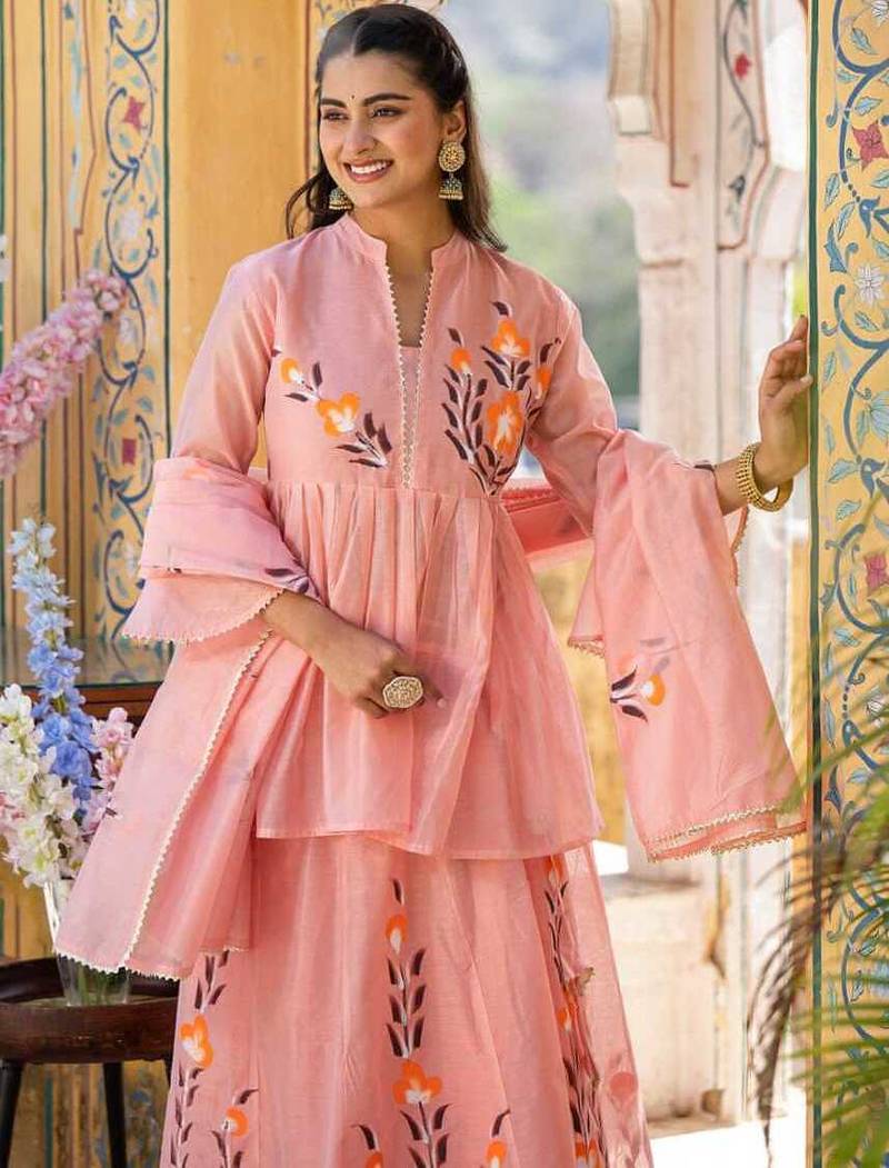 Peach floral printed chanderi cotton anarkali style lehenga set with printed dupatta for women