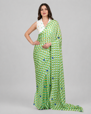 Green printed satin saree with blouse 1