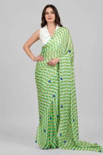 Green printed satin saree with blouse