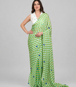 Green printed satin saree with blouse