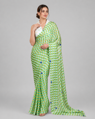 Green printed satin saree with blouse 2