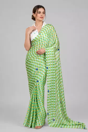 Green printed satin saree with blouse