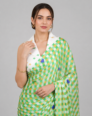 Green printed satin saree with blouse 3