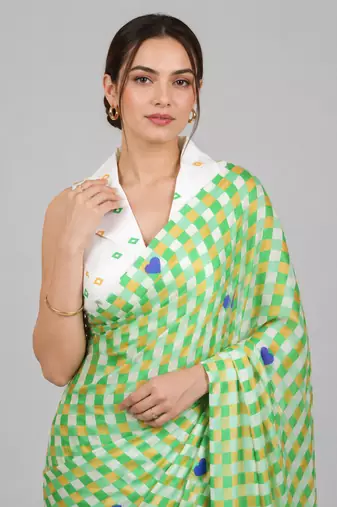 Green printed satin saree with blouse