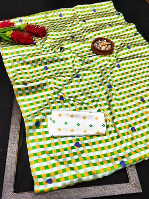 Green printed satin saree with blouse 4
