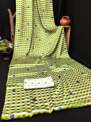 Green printed satin saree with blouse 5
