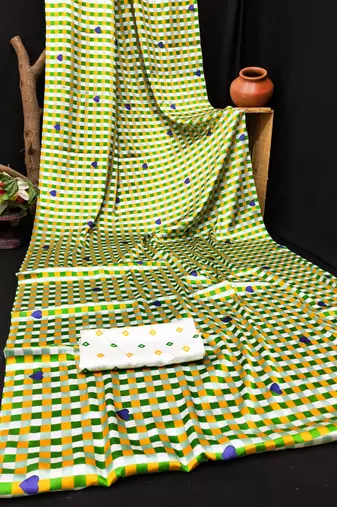 Green printed satin saree with blouse