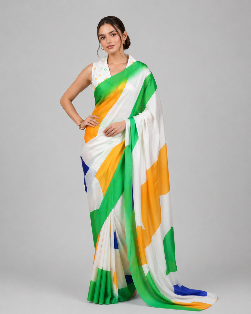 White printed satin saree with blouse