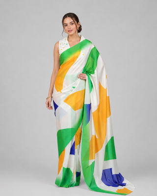 White printed satin saree with blouse 2