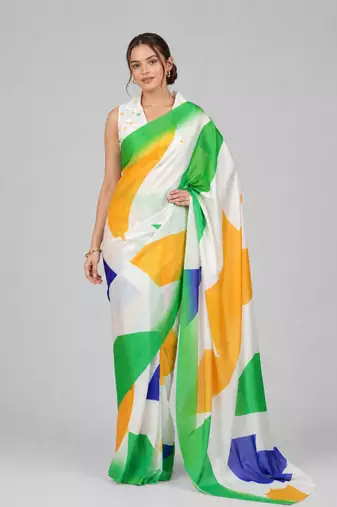 White printed satin saree with blouse
