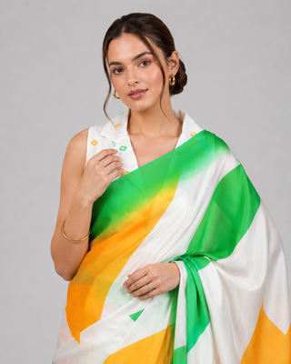 White printed satin saree with blouse 3