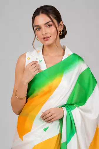 White printed satin saree with blouse