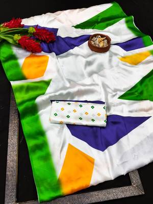 White printed satin saree with blouse 4