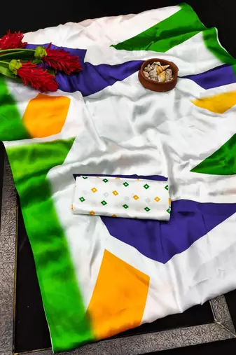White printed satin saree with blouse
