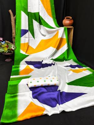 White printed satin saree with blouse 5