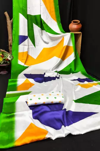 White printed satin saree with blouse