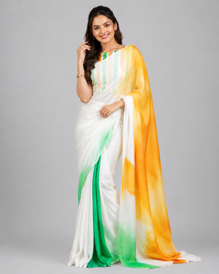 White printed satin saree with blouse 1