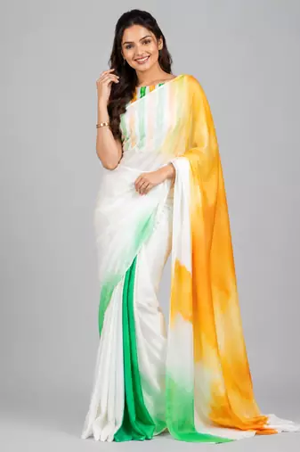 White printed satin saree with blouse