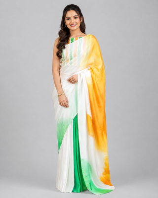 White printed satin saree with blouse 2