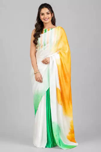 White printed satin saree with blouse