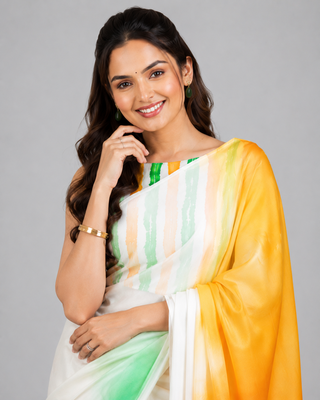 White printed satin saree with blouse 3