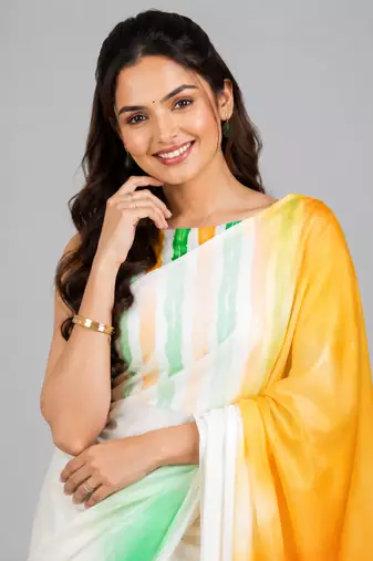 White printed satin saree with blouse