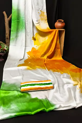 White printed satin saree with blouse