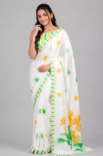 White printed satin saree with blouse