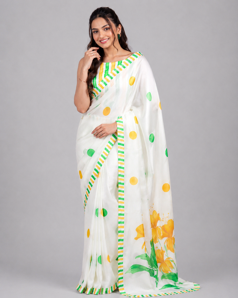 White printed satin saree with blouse