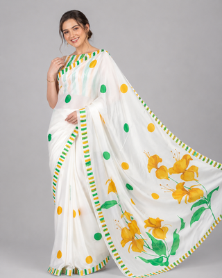 White printed satin saree with blouse 2
