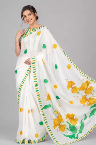 White printed satin saree with blouse