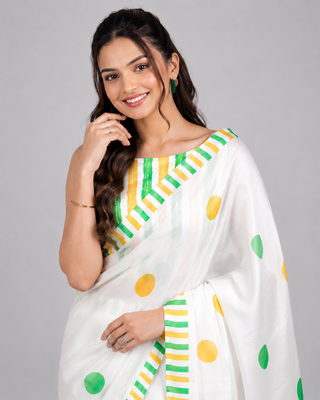 White printed satin saree with blouse 3