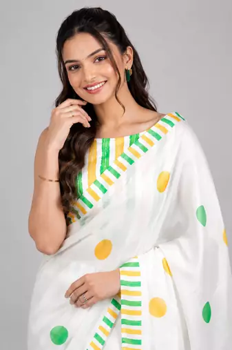 White printed satin saree with blouse