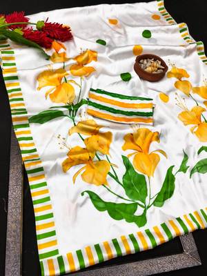 White printed satin saree with blouse 4