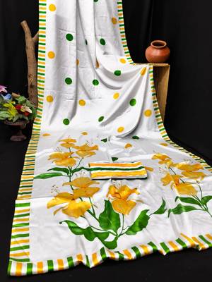 White printed satin saree with blouse 5
